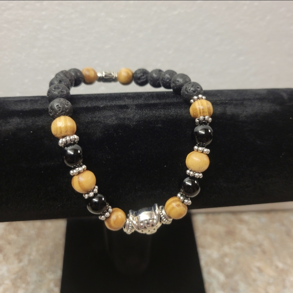 Hand Crafted Men's Silver, Black, and Brown Stretch Bracelet